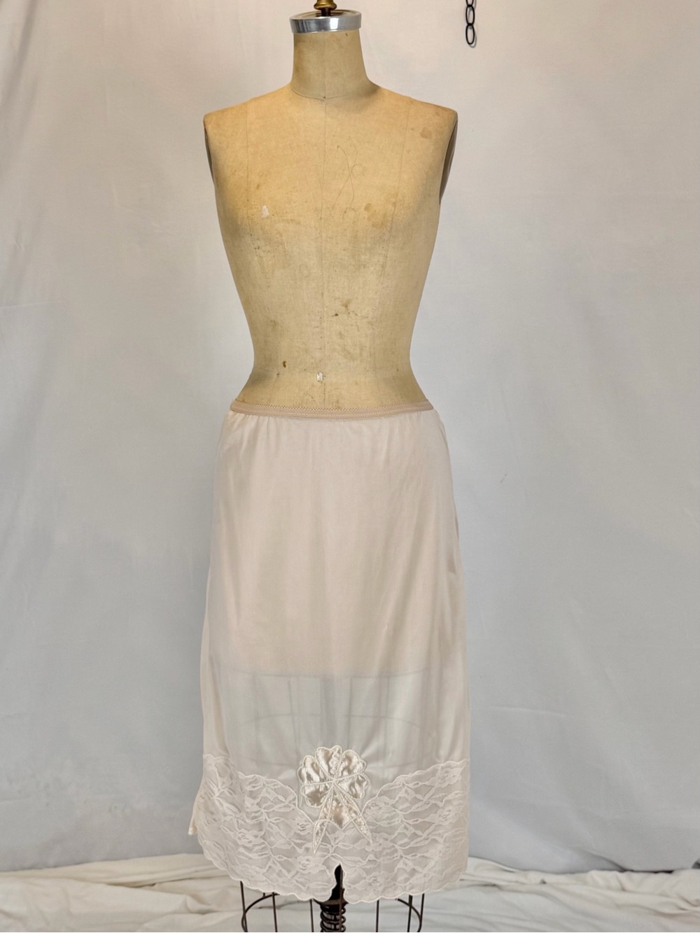 VINTAGE lace floral nylon lingerie skirt dress slip beige elastic waist midi 80s - Picture 7 of 10